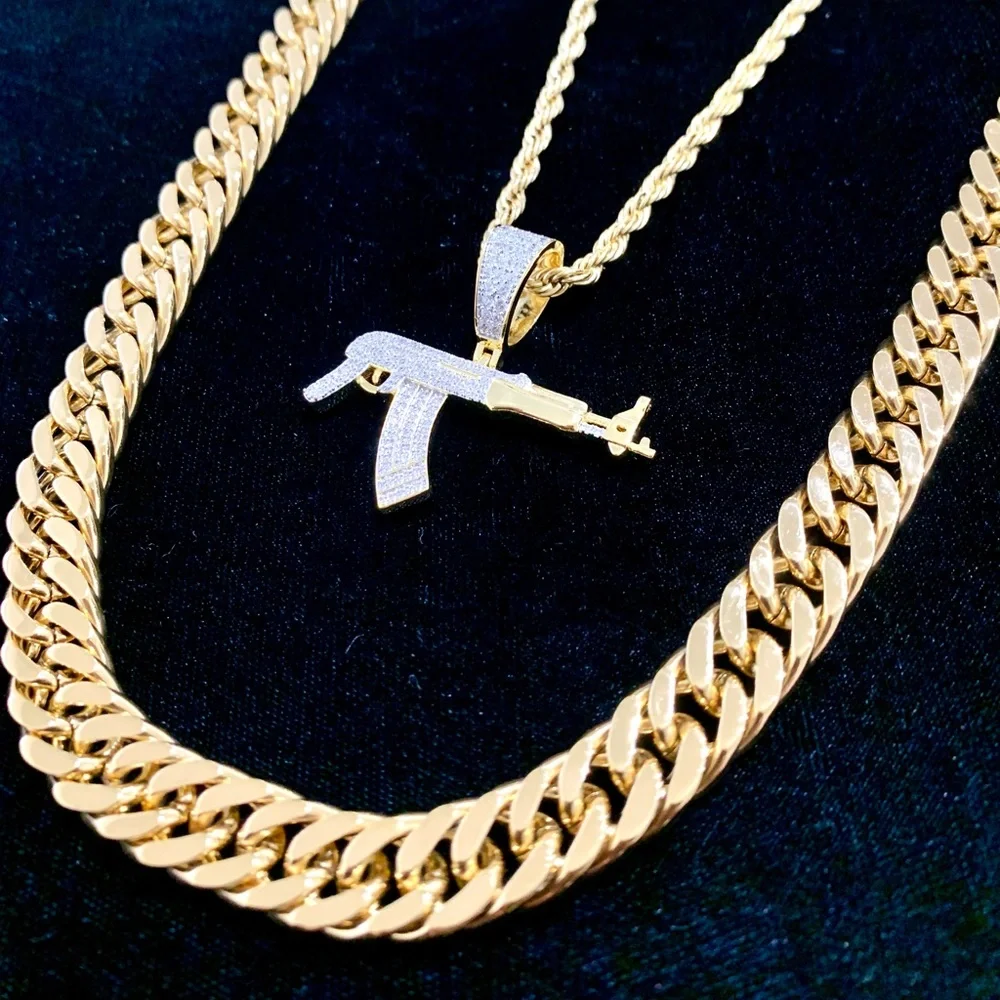 EXCLUSIVE AK47 PENDANT NECKLACE 18K GOLD FULL LAB DIAMONDS CHAIN MADE IN ITALY!